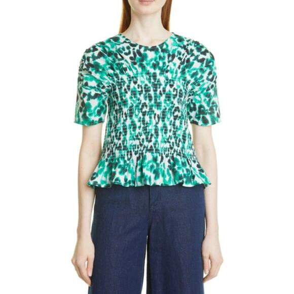 PFERDGARTEN Womens Mynowa Blouse Size 4 Flower Green Smocked Cotton Peplum NWOT - Picture 1 of 10